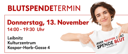 Ein Bild mit dem Text Spendetermin. Es hat ein Datum vom 13. November und eine Zeit von 15:30 Uhr. Eine Person zeigt auf ein Schild, das JEDrum sagt. Der Ort ist Jerb-Gasse 4.