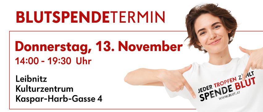 Ein Bild mit dem Text Spendetermin. Es hat ein Datum vom 13. November und eine Zeit von 15:30 Uhr. Eine Person zeigt auf ein Schild, das JEDrum sagt. Der Ort ist Jerb-Gasse 4.