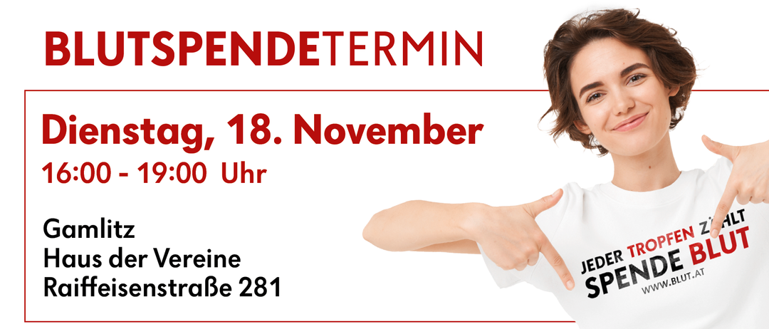 Eine lächelnde Frau zeigt auf ein weißes T-Shirt mit 'JED' darauf. Der Text liest sich 'Spendetermin' über ihr und 'ag, 18. November: 00 Uhr' darunter. Ihr Arm ist rechts, mit 'Vereine' darüber und 'straBe 281' darunter.