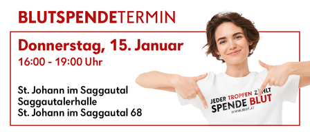 Eine Werbung für eine Blutspende-Veranstaltung mit einer Frau, die auf ihr T-Shirt mit dem Slogan 'Spende Blut' zeigt. Die Veranstaltung ist am 15. Januar von 0 bis 19:00 Uhr. Der Ort ist Saggautal 68.
