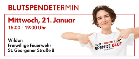 A woman points at a t-shirt with the text 'Jeder Tropfen Zahlt' and 'Spende Blut'. Below, it says 'UTSPENDETERMINE Wednesday, 21st January'. Below that, there is a phone number and address.