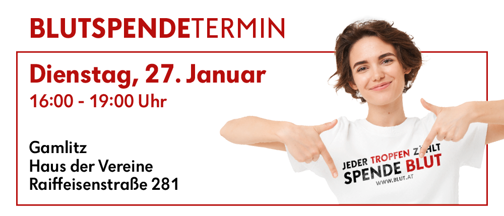 Eine Werbung für eine Blutspendeaktion am 27. Januar von 0 bis 19:00 Uhr in der Vereins der Eisenstraße 281, mit einer lächelnden Frau, die auf ihr T-Shirt zeigt, auf dem 'Spende Blut' steht.