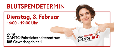 Eine Werbung für eine Blutspendeveranstaltung im MTC-Verkehrssicherheitszentrum am Montag, 3. Februar, von 0-19:00 Uhr. Eine lächelnde Frau zeigt auf ihr T-Shirt.