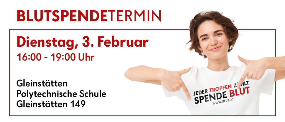 Ein Bild bewirbt eine Blutspendeveranstaltung am 3. Februar 2024 von 0 bis 19 Uhr an technischen Schulen an Standorten 149. Eine lächelnde Frau zeigt auf die Worte 'Spende Blut' auf ihrem T-Shirt.