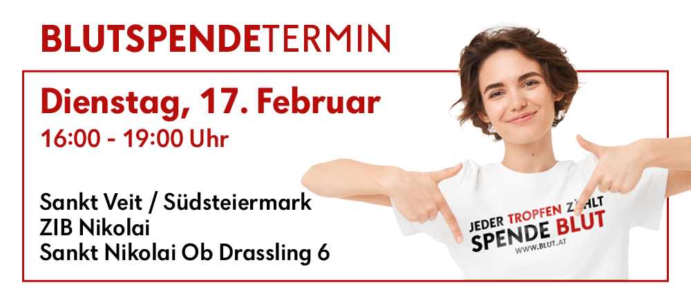 Ein Bild zeigt eine lächelnde Frau, die auf ein weißes T-Shirt mit dem Text 'Jeder Tropfen zählt' und einer Website-URL zeigt. Der Hintergrund enthält einen roten Rand und Text auf Deutsch, der auf eine Blutspendeveranstaltung am 17. Februar hinweist.