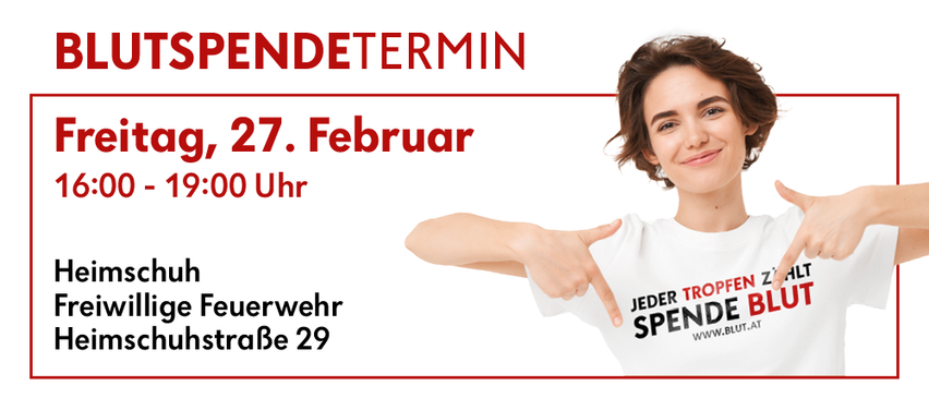 Eine Anzeige für Blutspendetermin mit einer lächelnden Frau, die auf den Text zeigt. Das Datum ist der 27. Februar, von 0 bis 19:00 Uhr. Adresse ist Schuhgasse 29.