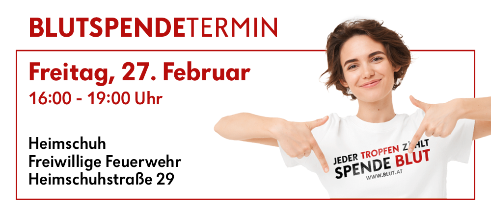 Eine Anzeige für Blutspendetermin mit einer lächelnden Frau, die auf den Text zeigt. Das Datum ist der 27. Februar, von 0 bis 19:00 Uhr. Adresse ist Schuhgasse 29.