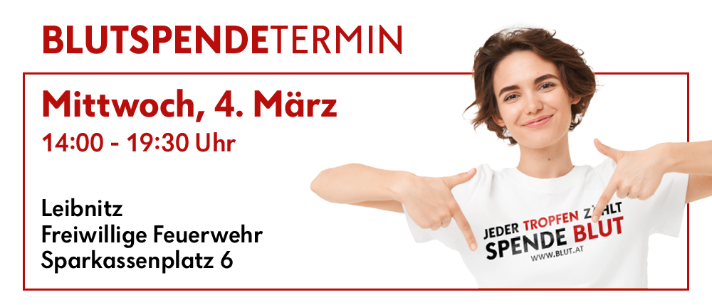 Eine Frau lächelt und zeigt auf ein weißes T-Shirt mit 'Jeder Tropfen Zahlt Spende Blut'. Der Termin ist Mittwoch, 4. März, von 0 bis 19:30 Uhr.