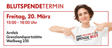 Eine lächelnde Frau zeigt auf ein weißes T-Shirt mit rotem Text 'Jeder Tropfen Zahlt Spende Blut'. Eine Ankündigung für 'Ausspendetermin' am 20. März von 0 bis 18:00 Uhr wird angezeigt.