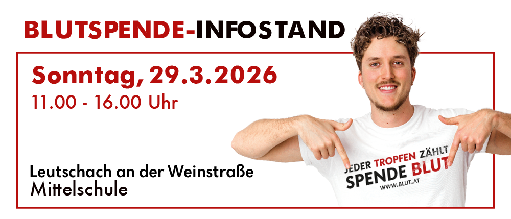 Ein Plakat zeigt einen lächelnden Mann, der auf eine Veranstaltung am 29. März 2026 hinweist. Die Veranstaltung trägt den Titel 'JUTSPENDE-INFOSTAND'.