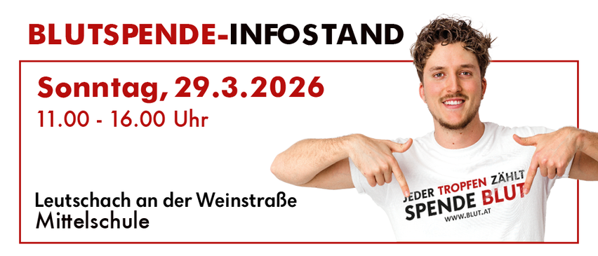 Ein Plakat zeigt einen lächelnden Mann, der auf eine Veranstaltung am 29. März 2026 hinweist. Die Veranstaltung trägt den Titel 'JUTSPENDE-INFOSTAND'.