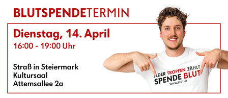 An outdoor event in Steiermark on Monday, April 14, from 0 to 19:00. A smiling man points to a blood donation T-shirt.