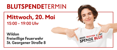 A smiling woman points to her white t-shirt. It reads 'Jeder Tropfen zählt' and 'Spende Blut'. The image also shows the date 'Wednesday, May 20th' and the time '0-19:00'.