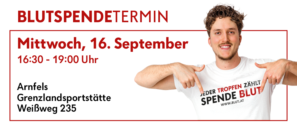 Ein Mann trägt ein weißes T-Shirt mit dem Text 'Jeder Tropfen Zahlt Spende Blut' und zeigt mit der rechten Hand auf etwas. Das Bild hat einen roten Rand und weißen Hintergrund. Der Text 'UTSPENDETERM' und 'ttoch, 16. September 0 - 19:00 Uhr' sind in Rot geschrieben. Die Adresse 'els landsportstatte weg 235' ist in Schwarz geschrieben.