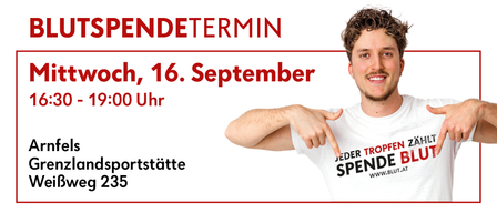 Ein Mann trägt ein weißes T-Shirt mit dem Text 'Jeder Tropfen Zahlt Spende Blut' und zeigt mit der rechten Hand auf etwas. Das Bild hat einen roten Rand und weißen Hintergrund. Der Text 'UTSPENDETERM' und 'ttoch, 16. September 0 - 19:00 Uhr' sind in Rot geschrieben. Die Adresse 'els landsportstatte weg 235' ist in Schwarz geschrieben.