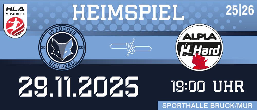 Heimspiel am 9. November 2025 um 19:00. BT Fuchse Handball gegen Alpha HC Hard.