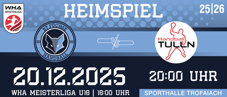 Das Werbeplakat für ein Handballspiel zwischen BT Fuchse und Tulln am 2. Dezember 2025 um 20:00 Uhr.
