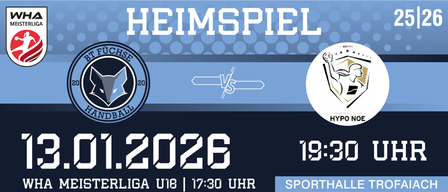 Heimspiel zwischen BT Füchse Handball und Hypo NÖE. Datum: 1. Januar 2026. Zeit: 17:30 Uhr. Ort: Sporthalle Tro.
