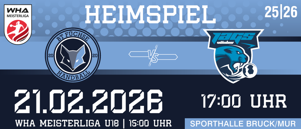 Heimspielposter mit blauem Hintergrund mit den Teams BT Fuchse und TAGS Wiesbaden. Datum: 02.01.2026, Zeit: 17:00. Meisterliga U18 um 15:00.