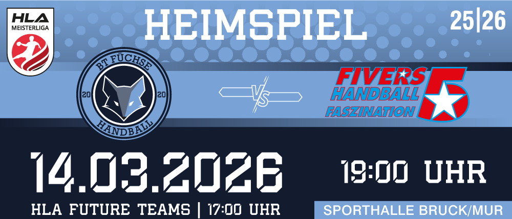 Ein Plakat für ein Handballspiel am 4. März 2026 zwischen BT Fuchse Handball und Fivers Handball Faszination um 19:00 Uhr.