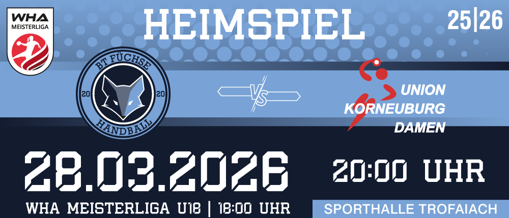 Plakat für ein Handballspiel der Frauen zwischen BT Fuchse und Union Korneburg. Das Spiel findet am 2. März 2026 um 20:00 Uhr statt.