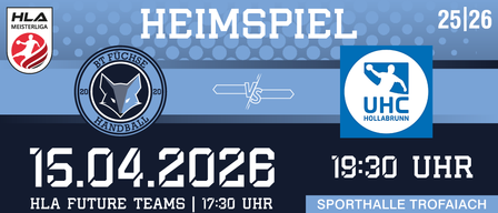 Heimspielposter für BT Fuchse Handball gegen UHC Hollabrunn am 5. April 2026 um 19:30 Uhr.