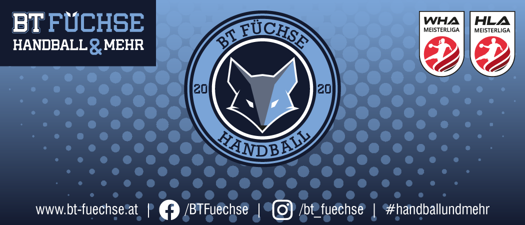Ein blauer Hintergrund mit einem Logo für eine Handballmannschaft namens BT Füchse. Das Logo zeigt den Kopf eines Wolfes mit den Zahlen 20 auf beiden Seiten. Die Website des Teams ist bt-fuechse.at.