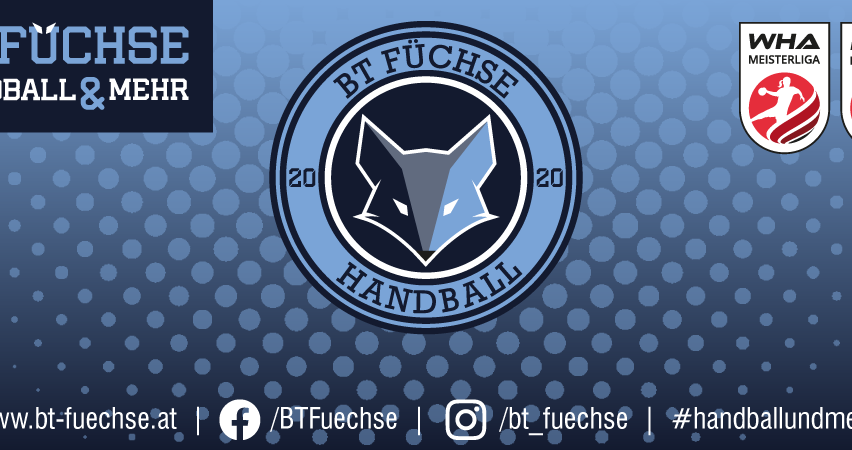 Ein blauer Hintergrund mit einem Logo für eine Handballmannschaft namens BT Füchse. Das Logo zeigt den Kopf eines Wolfes mit den Zahlen 20 auf beiden Seiten. Die Website des Teams ist bt-fuechse.at.