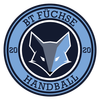 Ein kreisförmiges Emblem mit dem Text 'BT FUCHSE' oben und 'HANDBALL' unten. In der Mitte ist ein stilisierter Wolfskopf. Die Zahlen '20' befinden sich auf der linken und rechten Seite. Der Hintergrund ist schwarz.