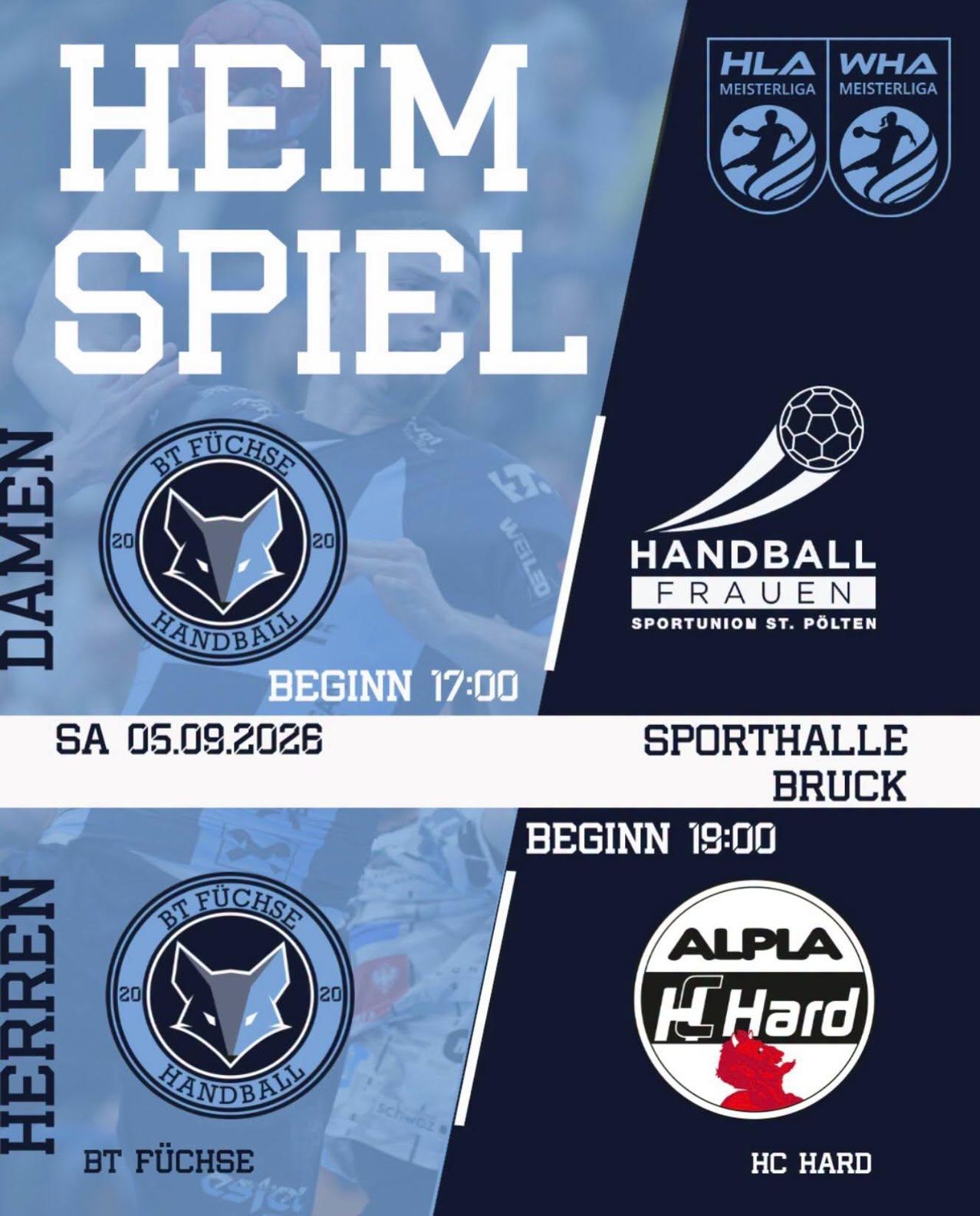 Ein Plakat für ein Handballspiel zwischen BT Fuchse und Handball Frauen Sportunion St. Polten. Das Spiel ist für den 5. September 2026 angesetzt, Beginn um 17 Uhr.