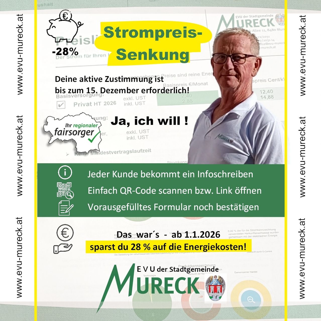 Eine Werbung für Energieeinsparungen zeigt einen Mann mit Brille, einem QR-Code und einem grünen Textbanner. Der Text handelt von einer 28%igen Reduzierung der Energiekosten ab dem 1. Januar 2026.