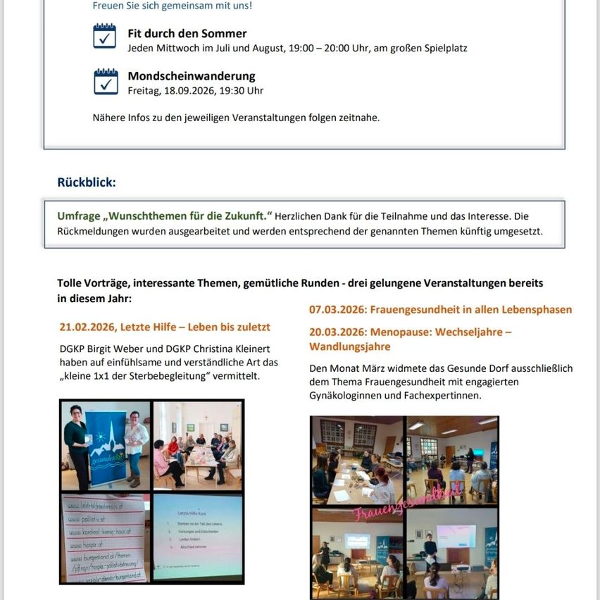Ein Flyer zeigt Veranstaltungen für den Sommer. Zwei Veranstaltungen sind mit Datum und Uhrzeit aufgeführt. Eine Einladung zur Rückmeldung für zukünftige Veranstaltungen ist ebenfalls enthalten. Der Flyer zeigt drei Bilder von vergangenen Veranstaltungen.