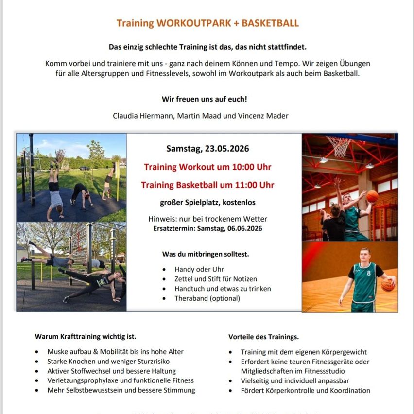 Training WORKOUTPARK + BASKETBALL. Das einzige schlechte Training ist das, das nicht stattfindet. Komm vorbei und trainiere mit uns - ganz nach deinem Können und Tempo. Wir zeigen Übungen für alle Altersgruppen und Fitnesslevels, sowohl im Workoutpark als auch beim Basketball.