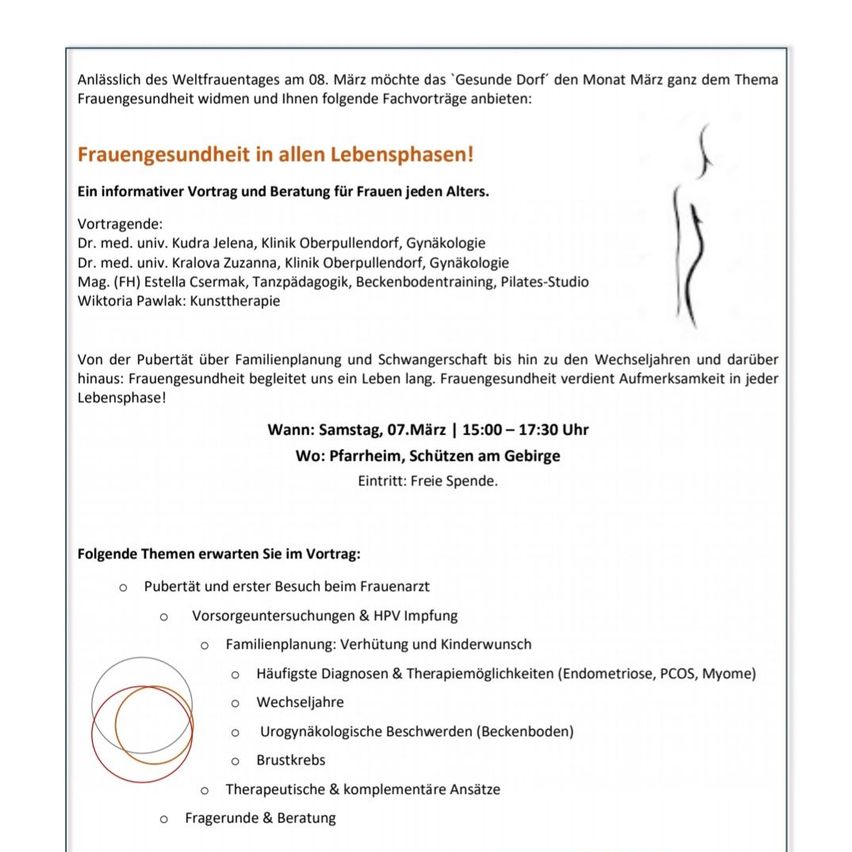 Ein Flyer für einen Vortrag über Frauengesundheit am 08. März. Er konzentriert sich auf die Gesundheit von Frauen in allen Lebensphasen. Der Vortrag behandelt Themen von der Pubertät bis zur Menopause. Die Veranstaltung ist kostenlos.