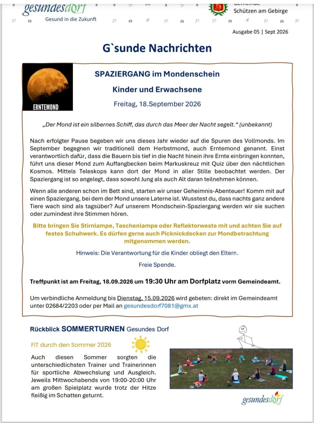 Plakat für einen Mondscheinspaziergang am 18. September 2026, mit Vollmond und einer Gruppe von Menschen. Die Veranstaltung ist für Kinder und Erwachsene.