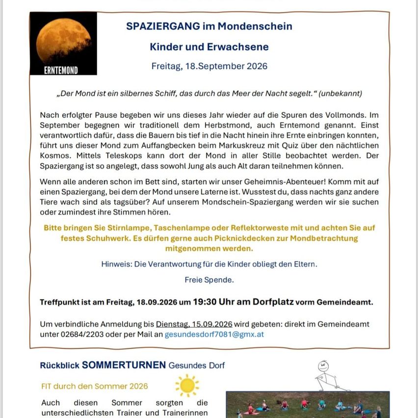 Plakat für einen Mondscheinspaziergang am 18. September 2026, mit Vollmond und einer Gruppe von Menschen. Die Veranstaltung ist für Kinder und Erwachsene.
