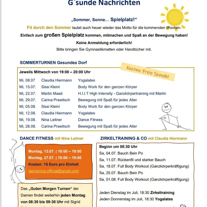 Wöchentliche Sommer-Fitnesskurse. Keine Anmeldung erforderlich. Bringen Sie Ihre Gymnastikmatte oder Handtuch mit. Verschiedene Aktivitäten wie Yogalates, Body Work und Tanzfitness werden angeboten. Tanzfitness mit Nina Leiter und Zirkeltraining mit Claudia Hiermann.