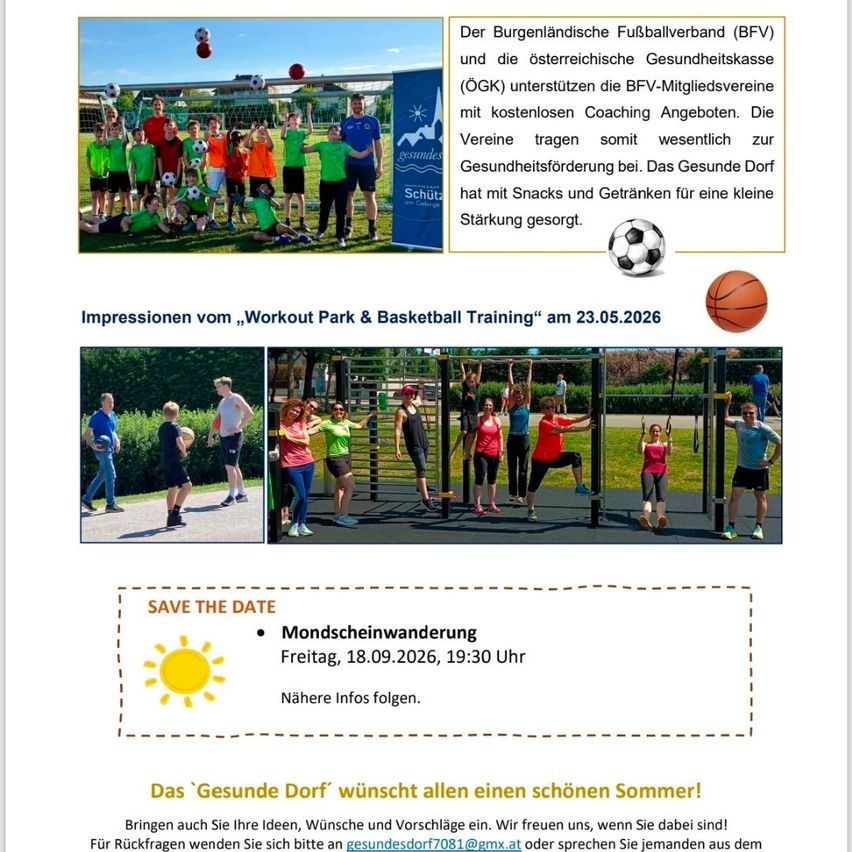 Ein Flyer für ein Fußballtrainingsevent am 23.05.2026. Es zeigt ein Bild eines Fußballspiels mit Spielern und Trainern. Darunter trainieren mehrere Personen im Park. Der Flyer enthält einen Termin für eine Vollmondveranstaltung am 18.09.2026 um 19:30 Uhr.