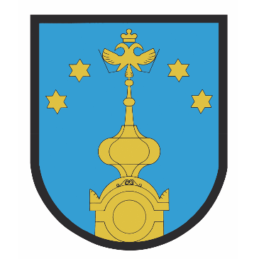 Ein blauer Schild mit einem goldenen Turm und einem Vogel darauf, umgeben von sechs gelben Sternen auf blauem Hintergrund.