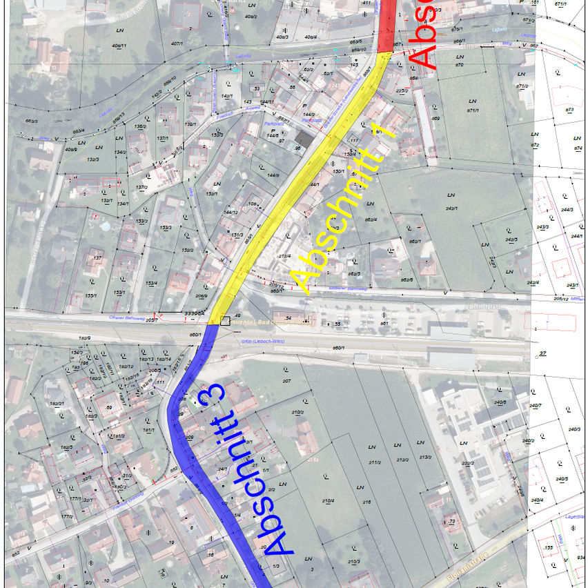 Eine Karte zeigt 'Abschnitt 1' und 'Abschnitt 3' in Gelb und Blau markiert, mit Straßen, Gebäuden und Grünflächen.