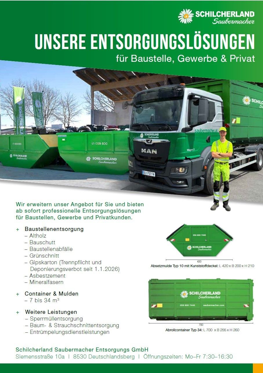 Ein Werbeplakat für Abfallentsorgungsdienste zeigt einen grünen MAN-Lkw mit einem Arbeiter in gelber Kleidung. Der Text listet Dienstleistungen wie Containervermietung, Entsorgung verschiedener Materialien und spezifische Containergrößen auf. Der Hintergrund zeigt ein grünes Gebäude mit Bannern.