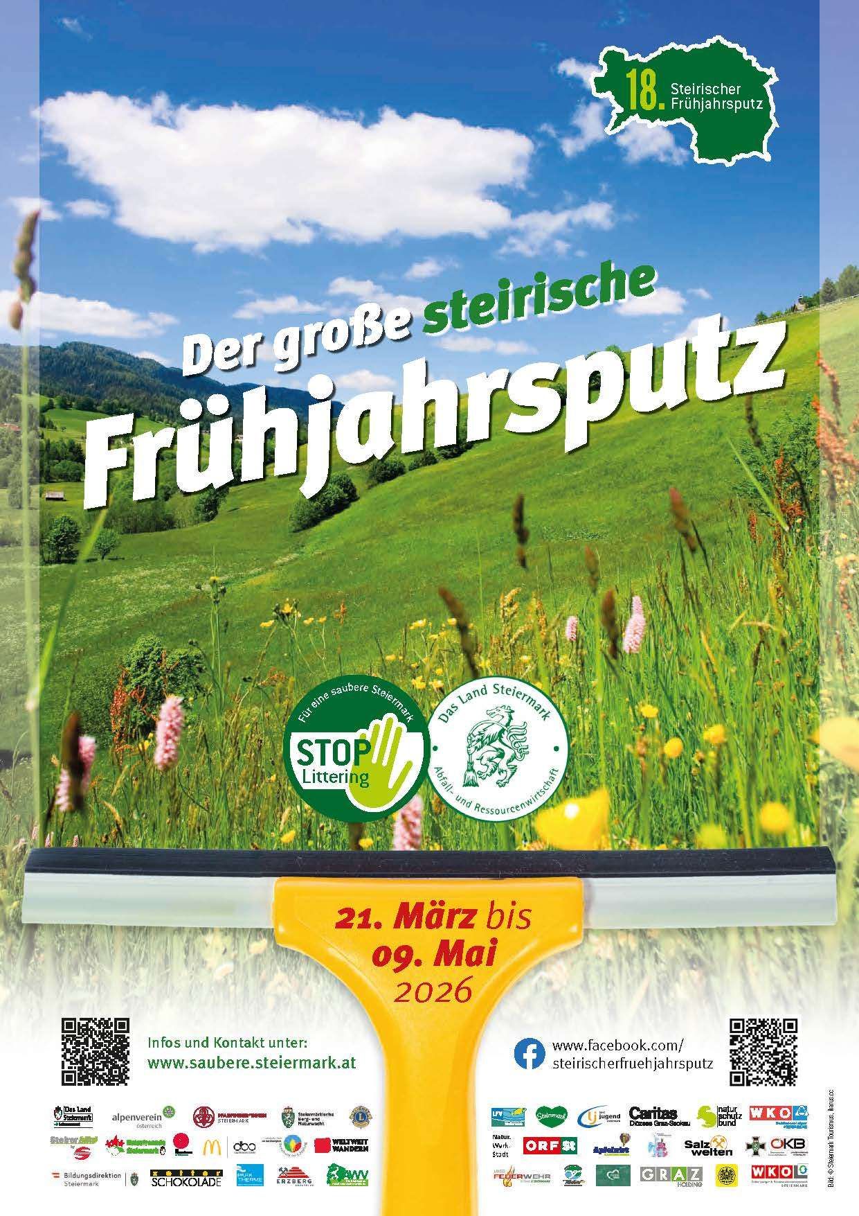Werbeplakat für die 'Grosse Steirische Fruhjahrsputz'-Veranstaltung in der Steiermark, Österreich. Das Plakat zeigt eine üppige grüne Landschaft, Berge und Blumen mit einem Reinigungswerkzeug. Die Termine für die Veranstaltung sind vom 21. März bis 9. Mai 2026.