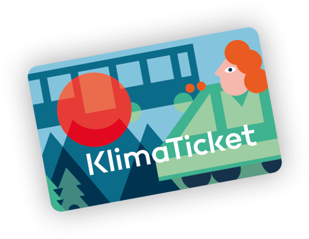 Eine Illustration einer Frau, die einen Bus mit dem Text KlimaTicket auf einem Bildschirm betrachtet. Der Bus ist blau mit Fenstern und einem roten Kreis im Hintergrund.