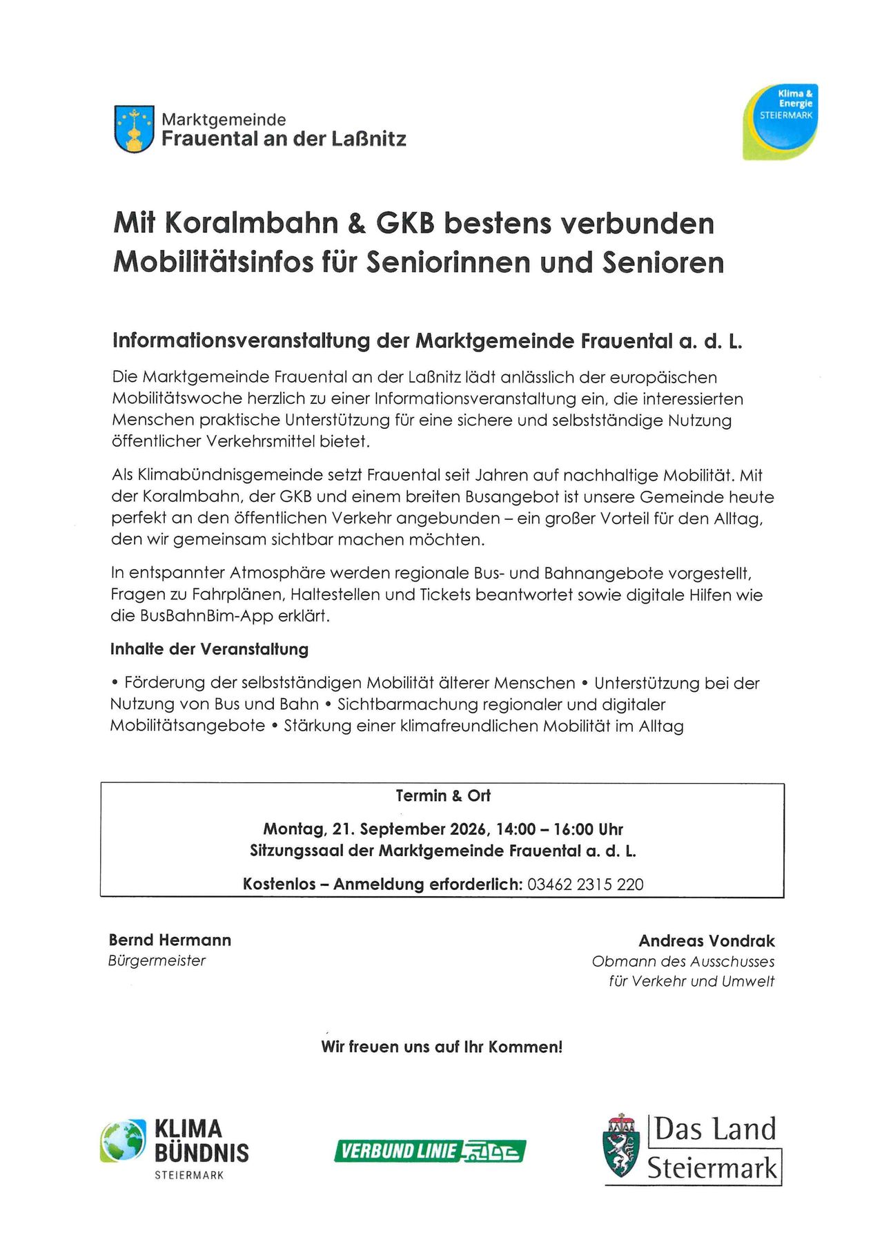 Plakat für eine Veranstaltung von Frauental a. d. L. über nachhaltige Mobilität für Senioren, mit Details zu Datum, Uhrzeit und Rednern.