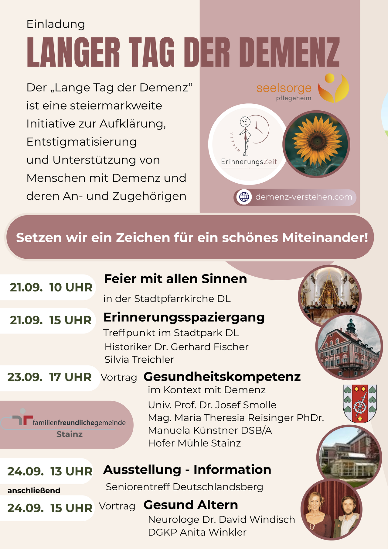 Poster advertising the 'Long Day of Dementia' initiative in Austria. It features events on September 21 and 23, including a celebration, a memory walk, and a lecture on health competence in the context of dementia.