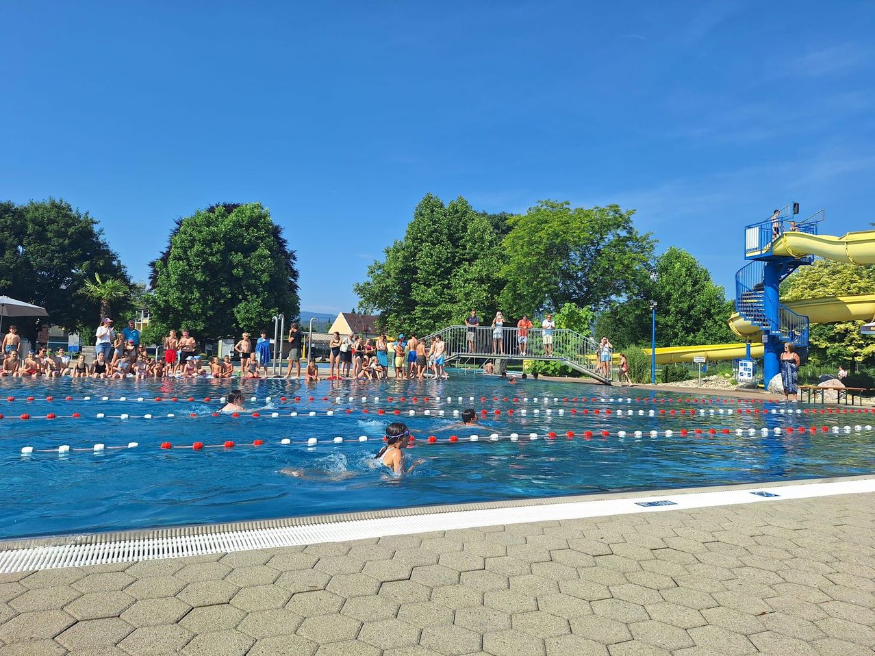 Freibad mit Schwimmern, einer Brücke und einer gelben Rutsche. Menschen sind um den Pool versammelt. Bäume und Häuser sind im Hintergrund.