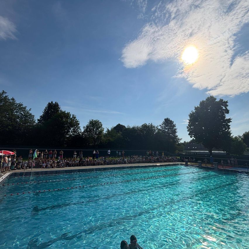 Eine Gruppe von Menschen hat sich um ein Freibad versammelt und beobachtet jemanden beim Schwimmen. Die Sonne scheint hell und wirft ein warmes Licht.
