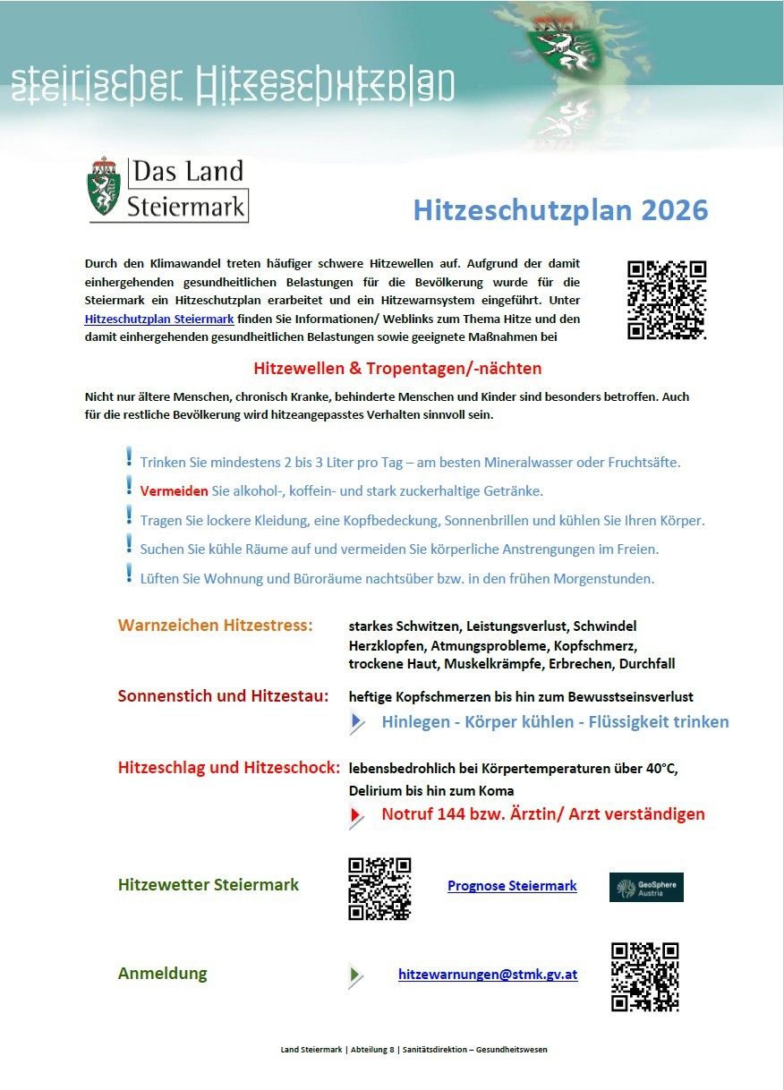 Der Hitzeschutzplan 2026 für die Steiermark beschreibt Maßnahmen zur Bewältigung gesundheitlicher Auswirkungen von Hitzewellen. Es enthält Links zur Website für weitere Informationen zu Hitze. Warnzeichen für Hitzestress sind Schwindel, Leistungsverlust und Schwindel. Bei schweren Symptomen sofort ärztlichen Rat suchen.