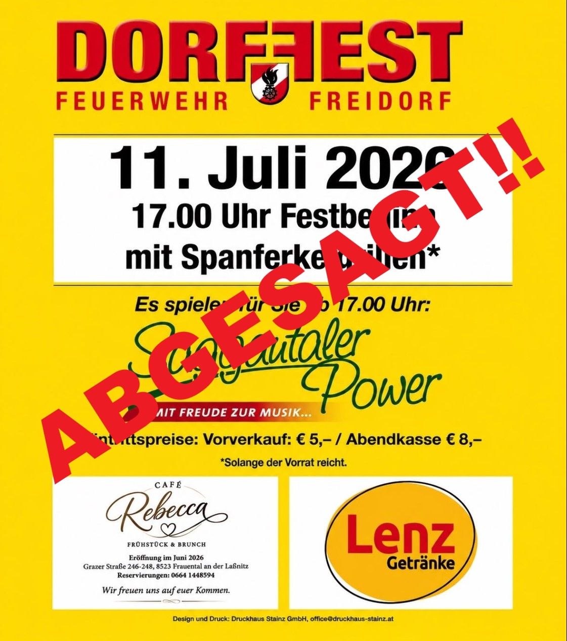 Plakat für Dorffest Freidorf mit dem Datum 11. Juli 2026, mit Bands, Ticketpreisen und Getränkeangebot.