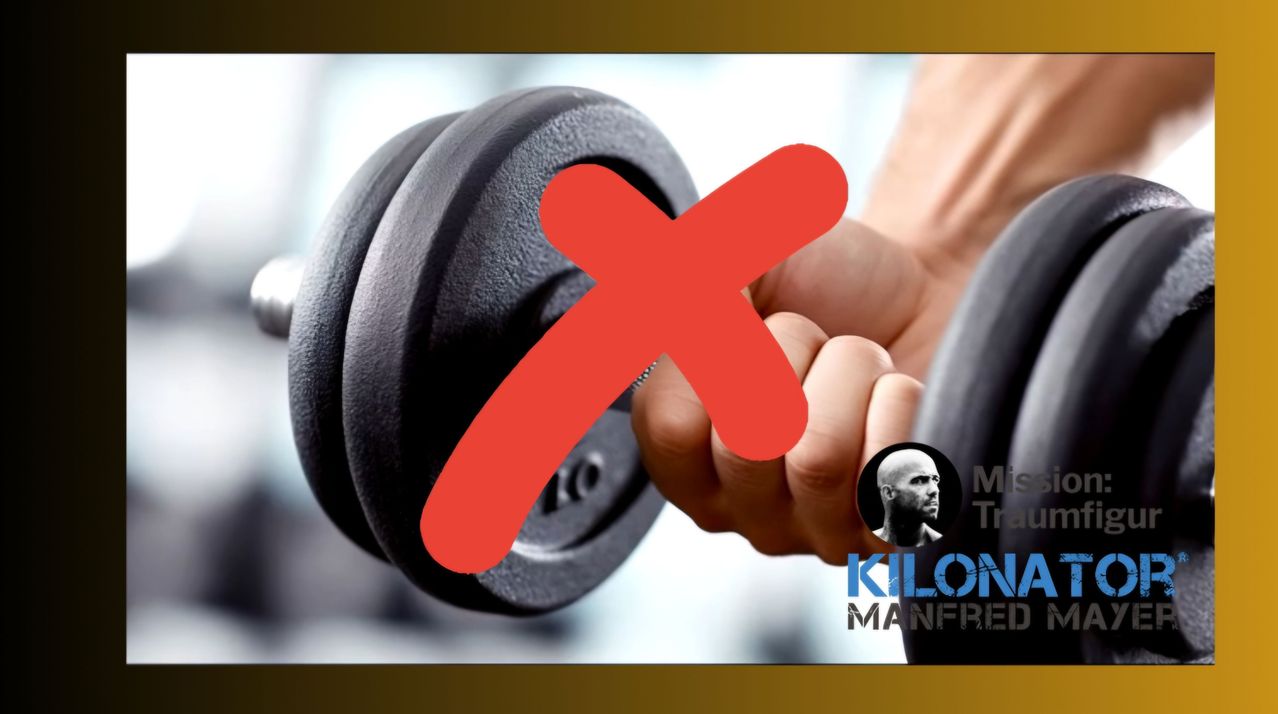 A hand holds a dumbbell with a red cross over it, suggesting caution or error. The image also features a man's face and the text 'KILON MANFR'.